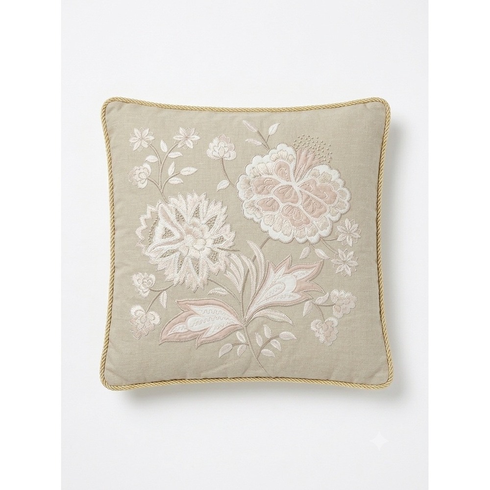 Pier 1 Imports Beige Floral Embroidered Beaded Square Throw Pillow Cover